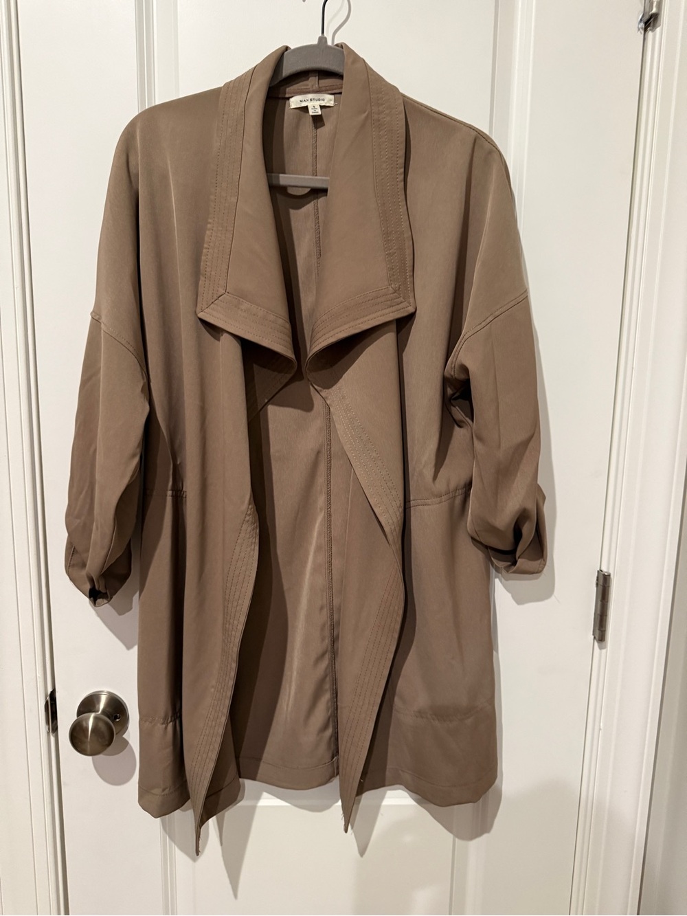 Max Studio Draped Open-Front Trench Coat in Taupe Brown